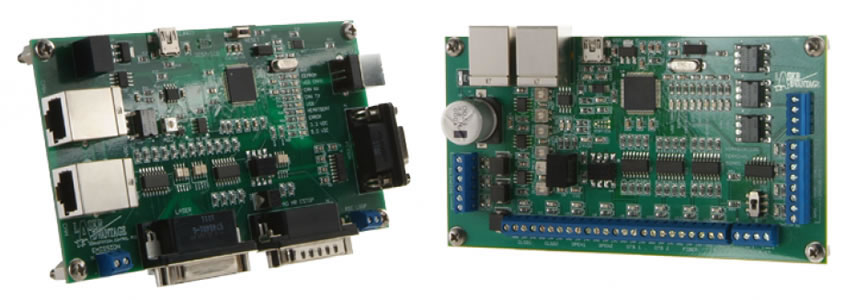 Green circuit board with connectors and chips.