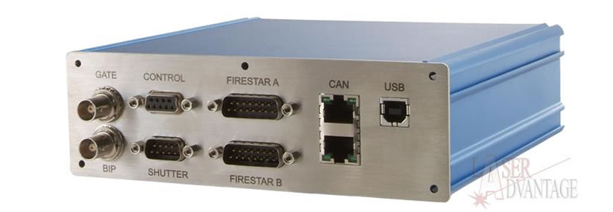 Blue control box with various ports.